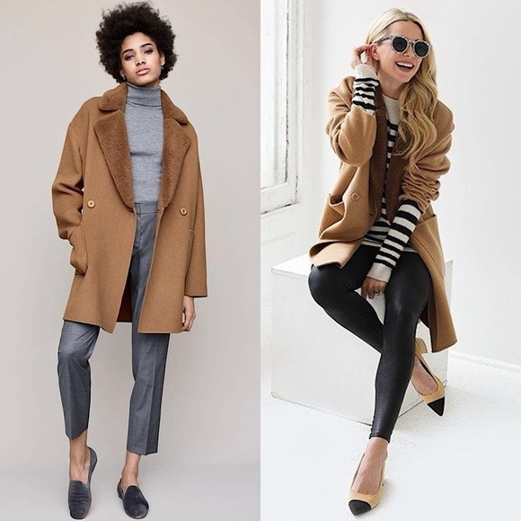 TRINA TURK Tan Wool Double Breasted Faux Fur Shearling Collar Oversized Coat XS - Picture 1 of 8